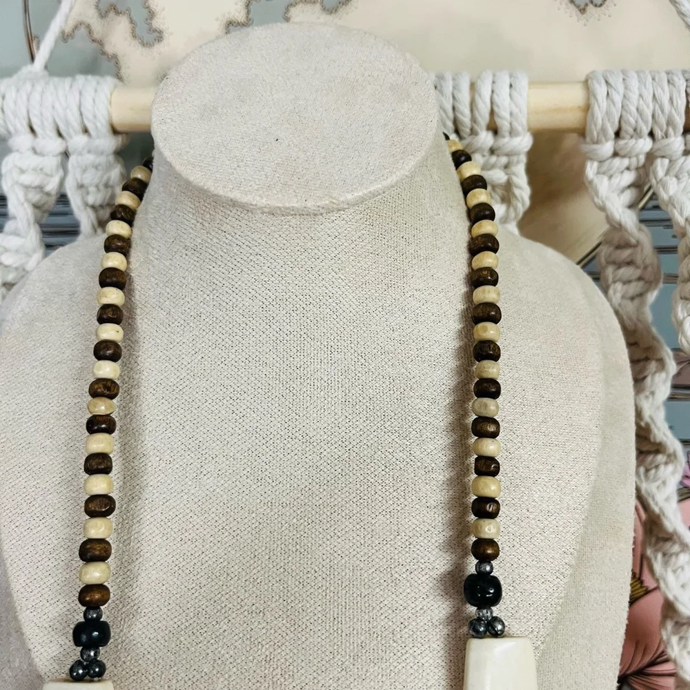 Vintage Carved Bone‎ Statement Necklace Beaded Bib Boho Hippie Style